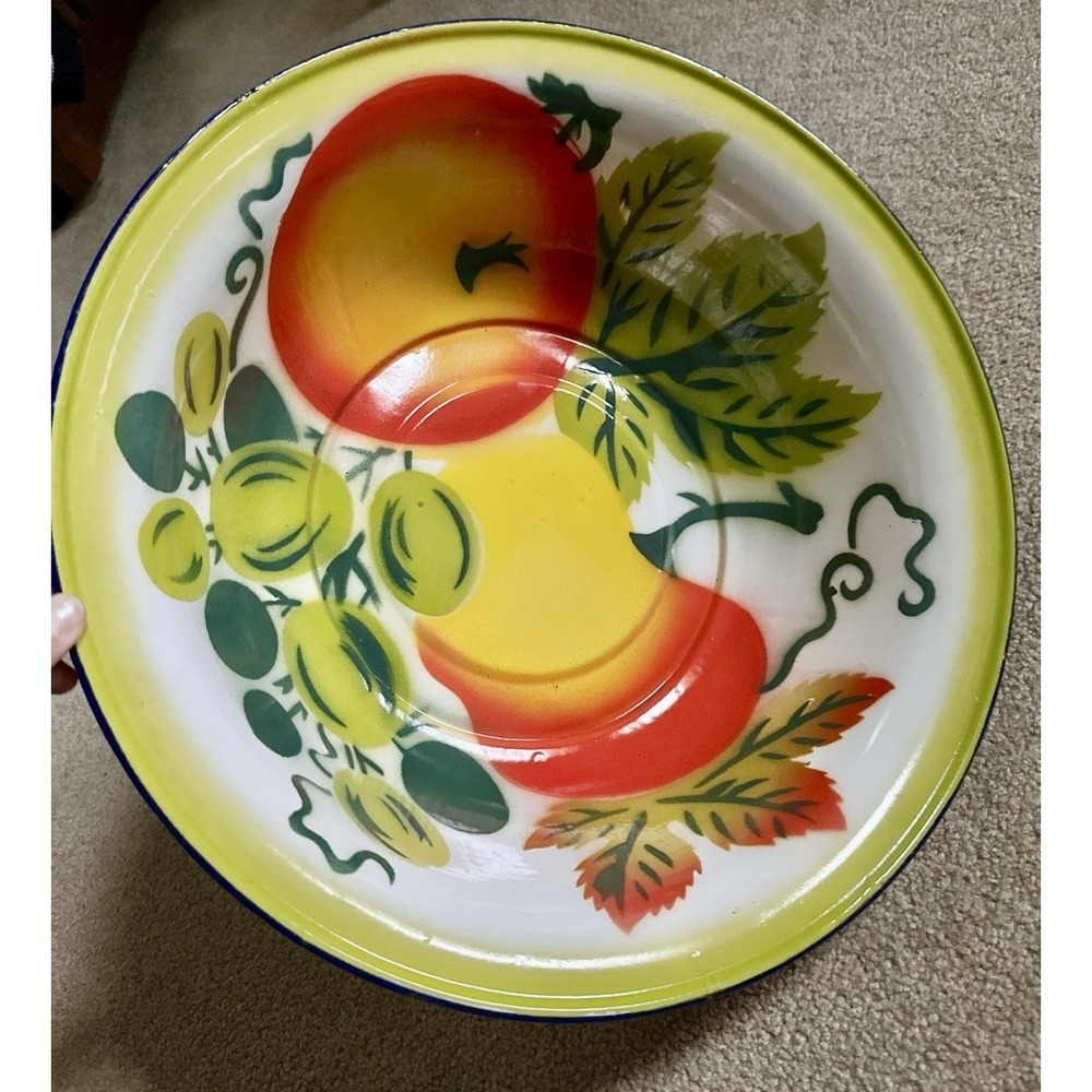 Large Enamelware Fruit/ Serving Bowl, Green w/‎ Apples & Grapes, 16" Vintage MCM
